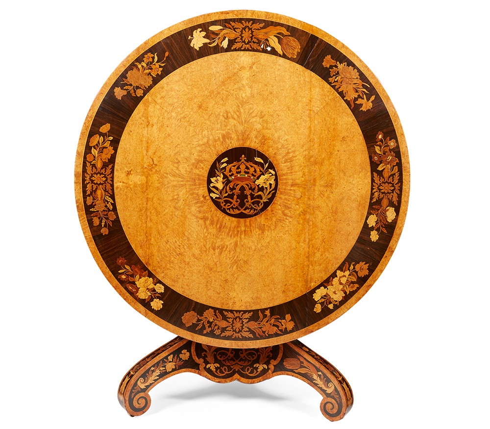 KING LOUIS-PHILIPPE'S AMBOYNA, WALNUT, IVORY AND EBONY MARQUETRY CENTRE TABLE, ATTRIBUTED TO GEORGE BLAKE & CO. CIRCA 1848